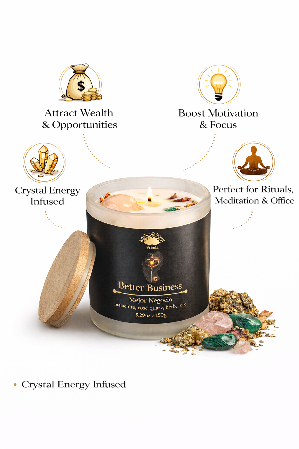 Better Business Scented glass candle with crystals, Soy Blend (5.29oz)