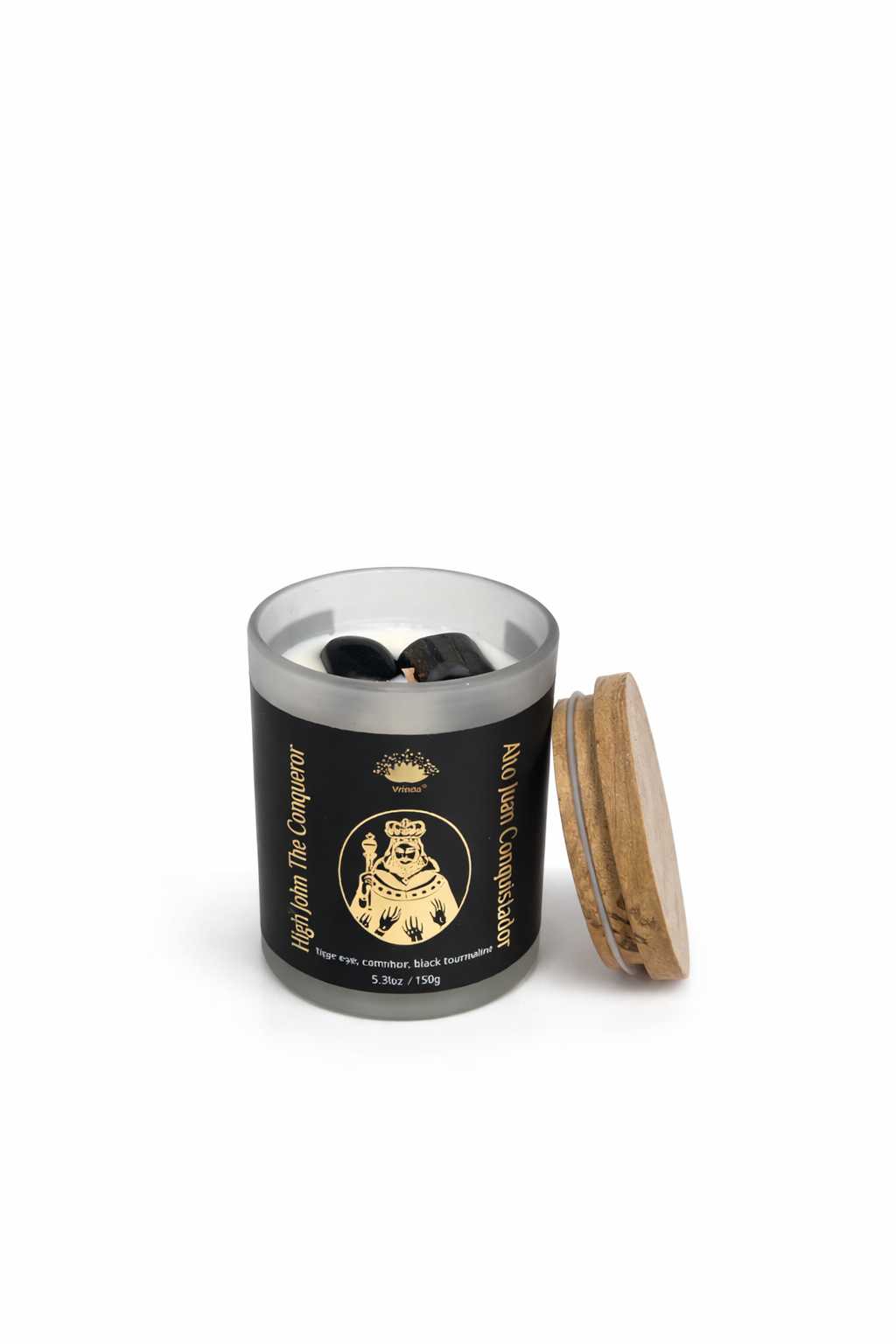 High John the Conqueror Scented glass candle with crystals, Soy Blend