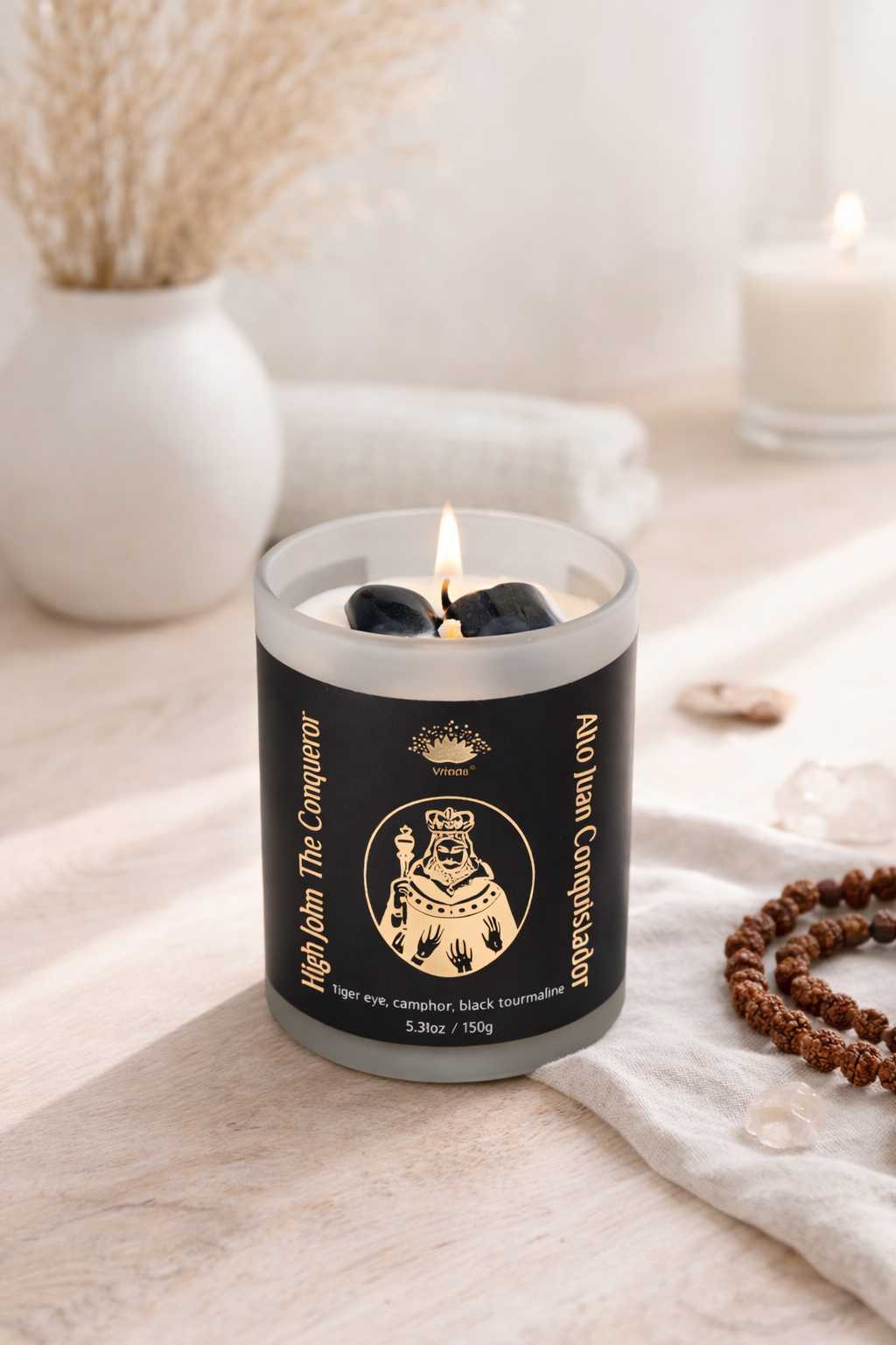 High John the Conqueror Scented glass candle with crystals, Soy Blend