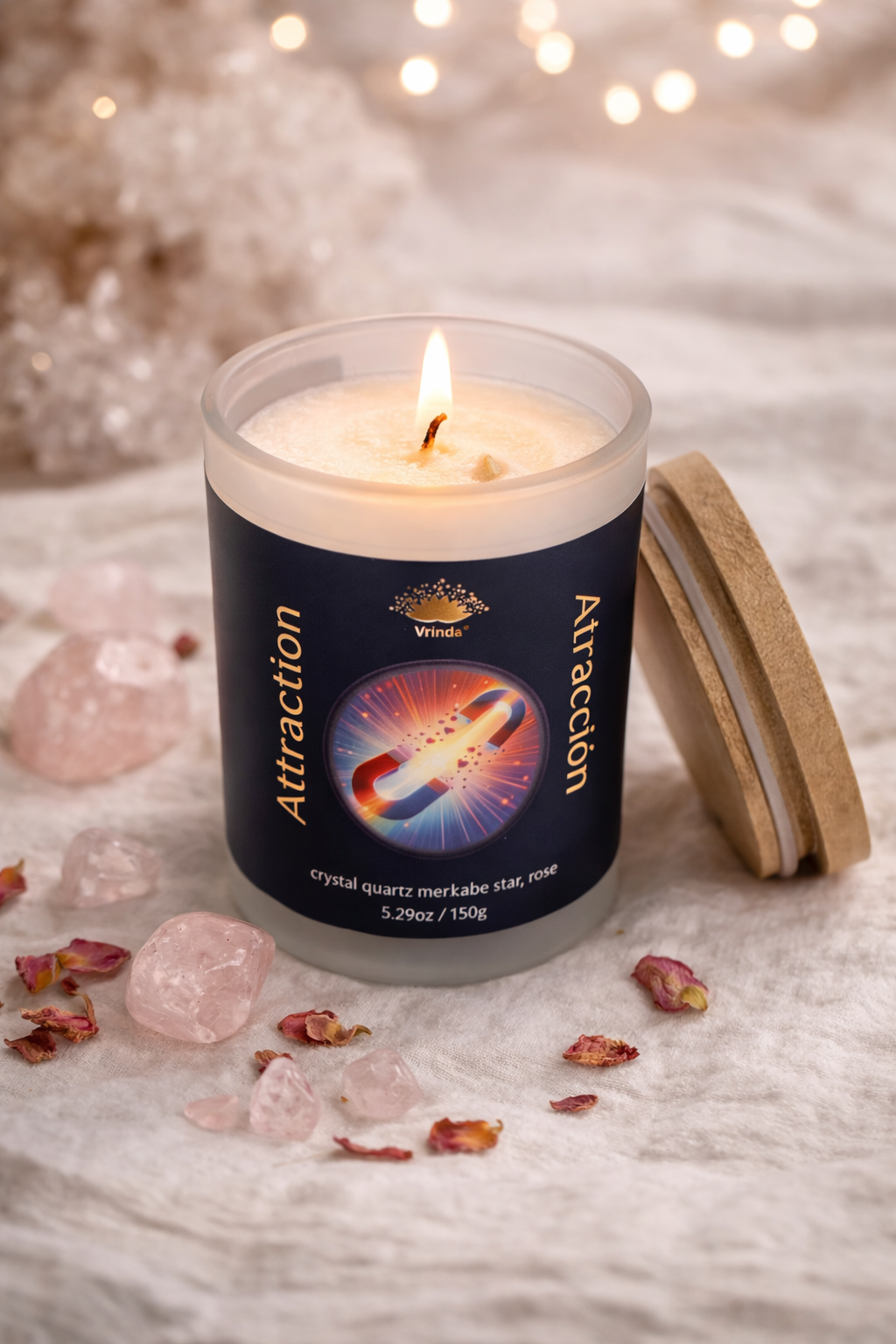 Attraction Scented glass candle with crystals, Soy Blend