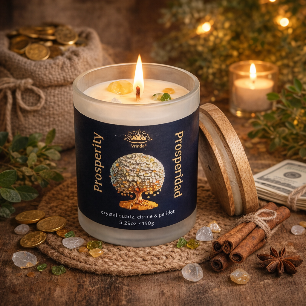 Prosperity Scented glass candle with crystals, Soy Blend