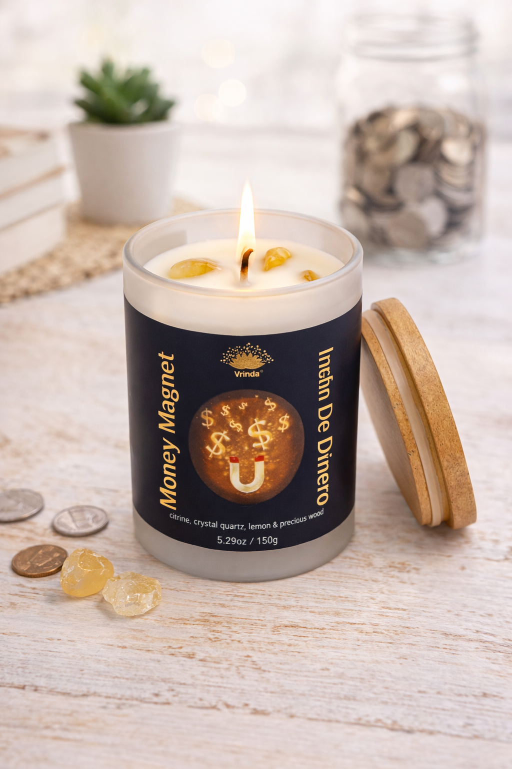 Money Magnet Scented glass candle with crystals, Soy Blend (5.29oz)
