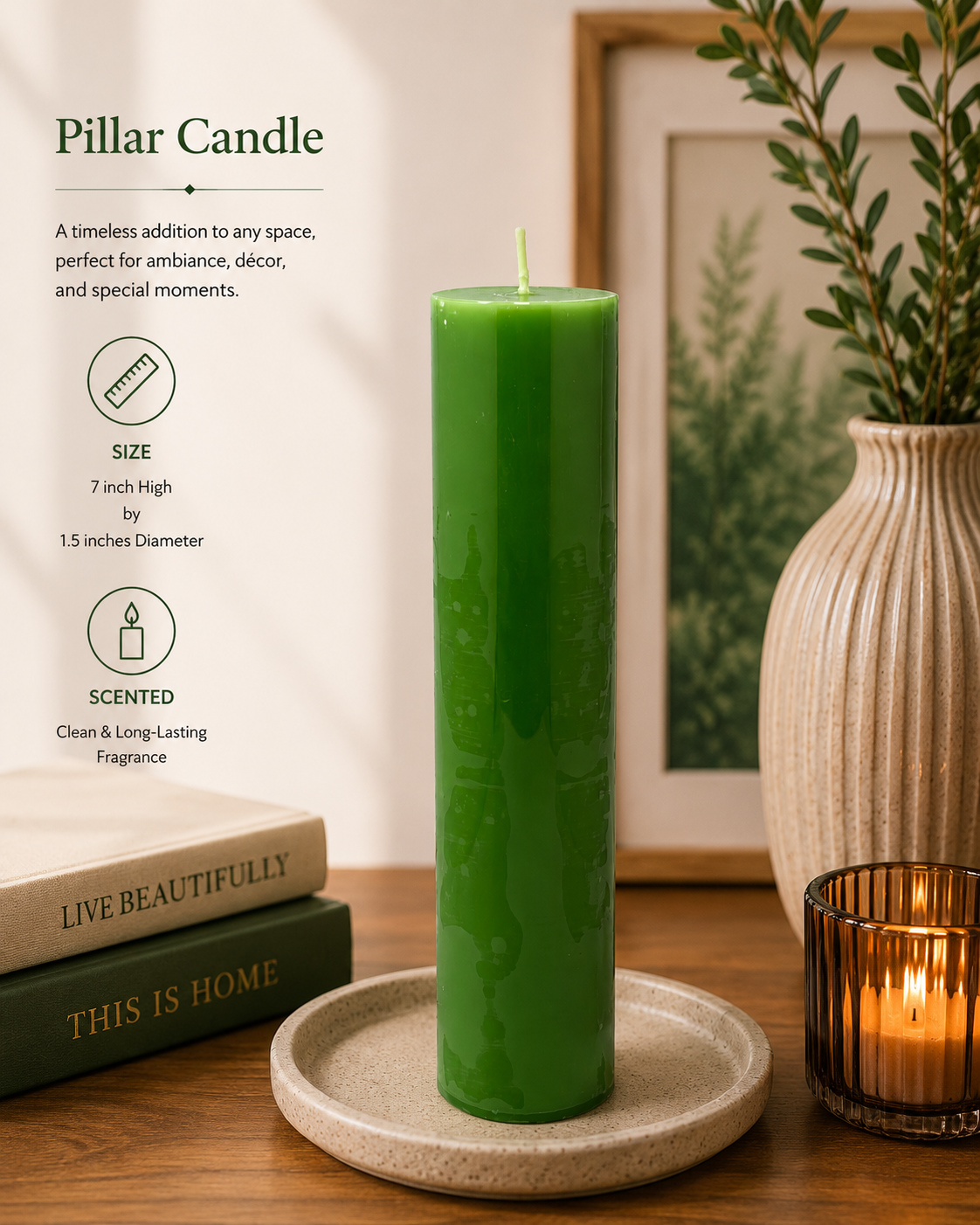Scented Pillar candles 7''x1.5'' (Light Green)