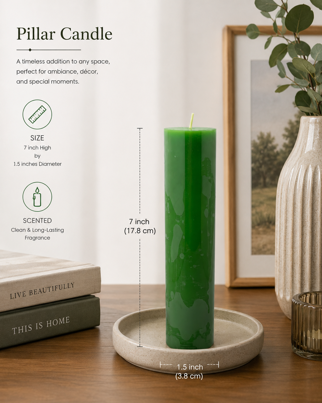 Scented Pillar candles 7''x1.5'' (Dark Green)
