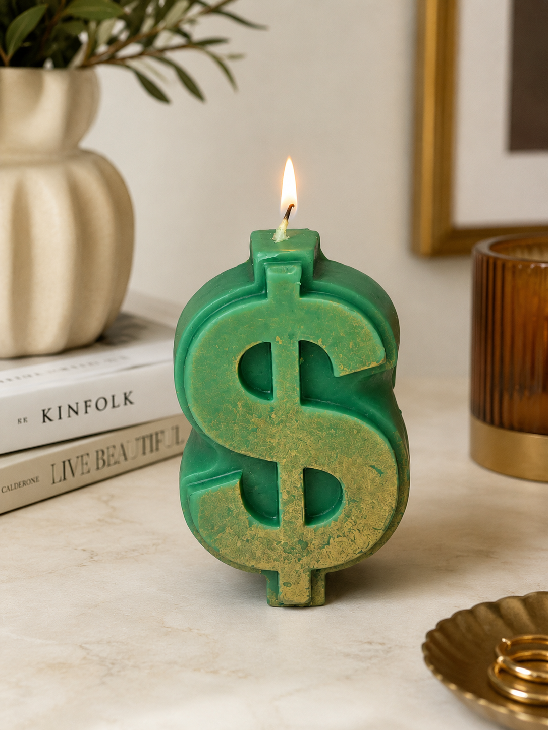 $ sign 3" green & gold candle