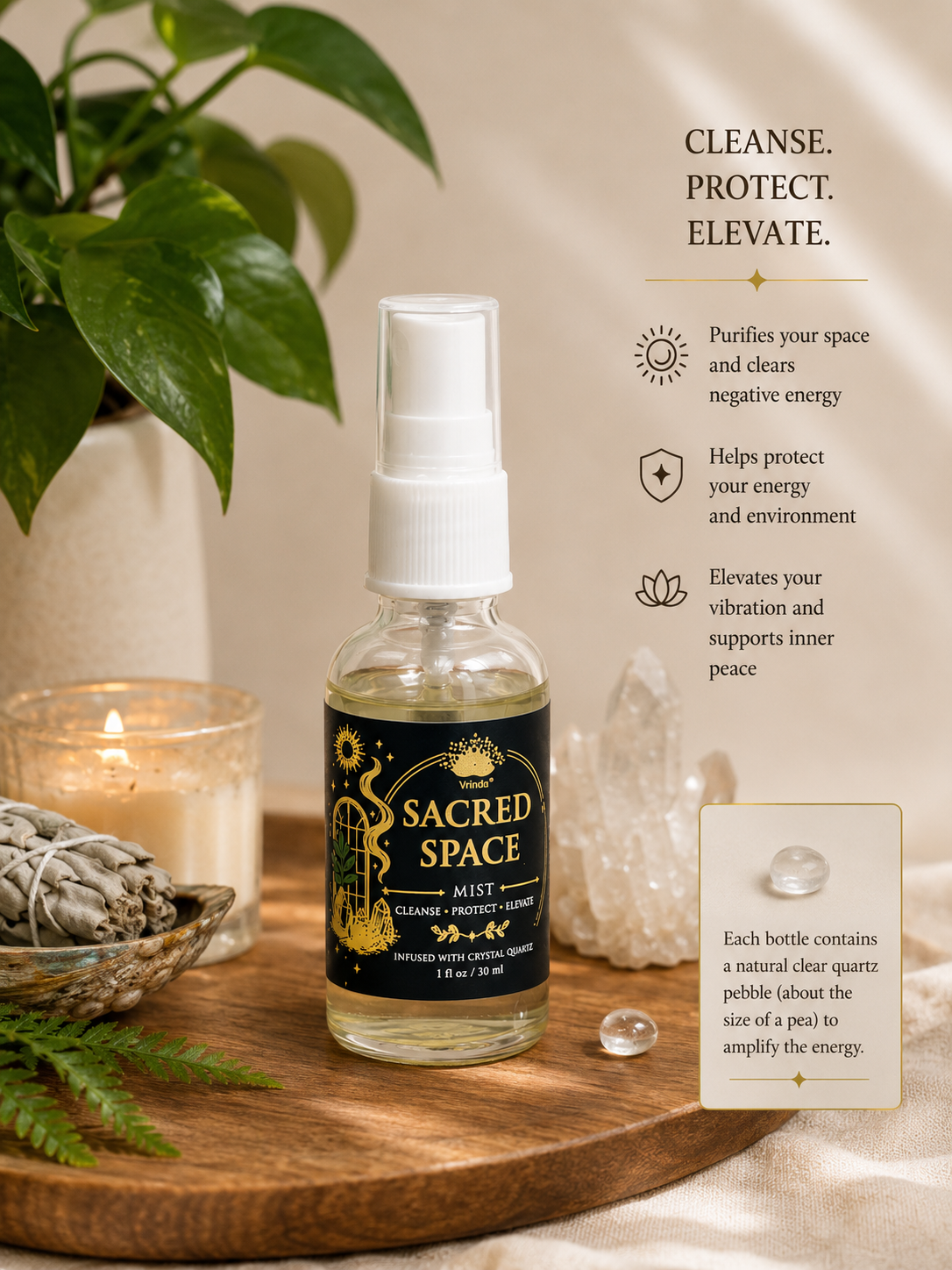Sacred Space Air Freshener with Clear Quartz Crystal – 30 ml