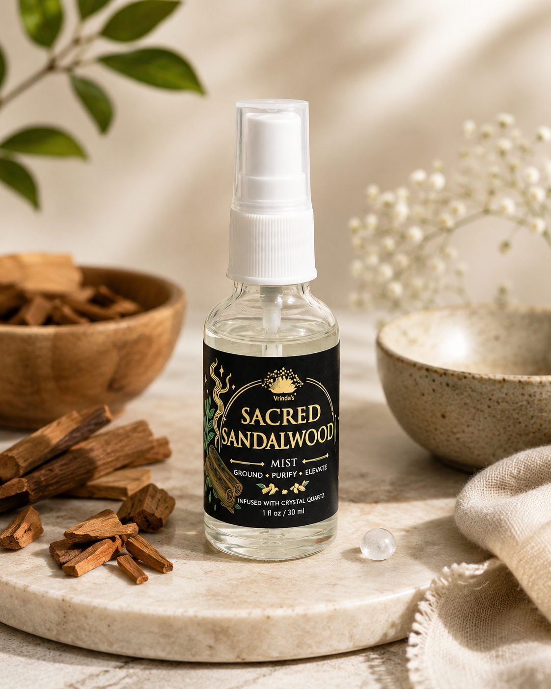 Sacred Sandalwood  Air Freshener with Clear Quartz Crystal – 30 ml