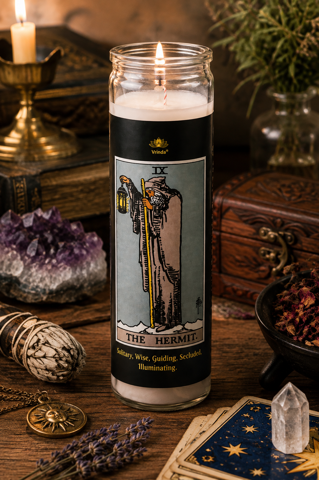 Unscented Glass Jar - The Hermit Tarot Candle 