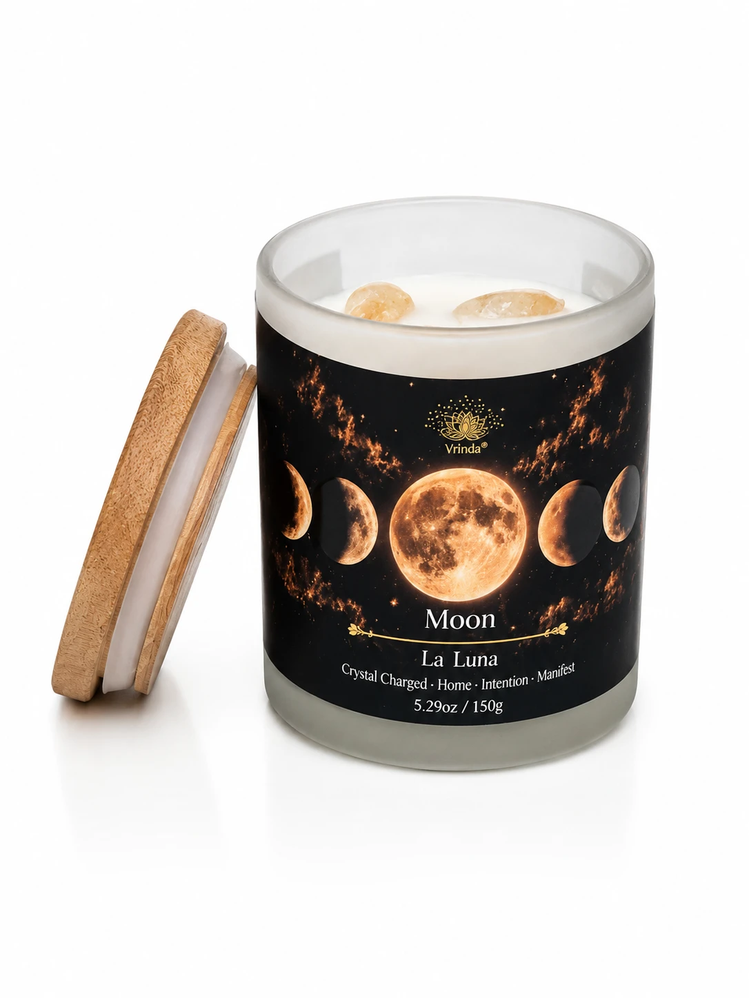 Moon Scented glass candle with crystals, Soy Blend (5.29oz)