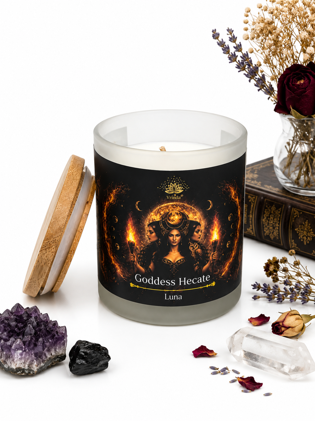 Goddess Hecate Scented glass candle with crystals, Soy Blend (5.29oz)