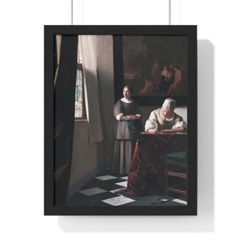   Premium Framed Vertical Poster,Johannes Vermeer’s Lady Writing a Letter with her Maid  -  Premium Framed Vertical Poster,Johannes Vermeer’s Lady Writing a Letter with her Maid  