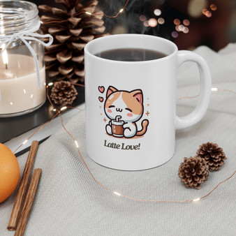 latte love Kawaii kitty drinking milk  - White Ceramic Mug, 11oz