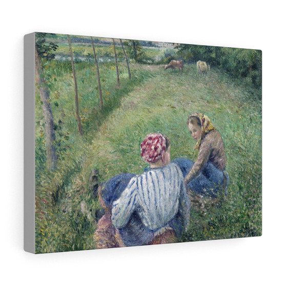 Young Peasant Girls Resting in the Fields near Pontoise (1882) by Camille Pissarro , Stretched Canvas,Young Peasant Girls Resting in the Fields near Pontoise (1882) by Camille Pissarro - Stretched Canvas