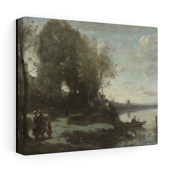 River with a Distant Tower, 1865, Camille Corot, French- Stretched Canvas
