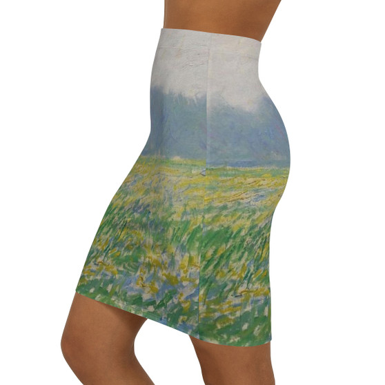 Monets Field of Irises at Giverny - Women's Mid-Waist Pencil Skirt