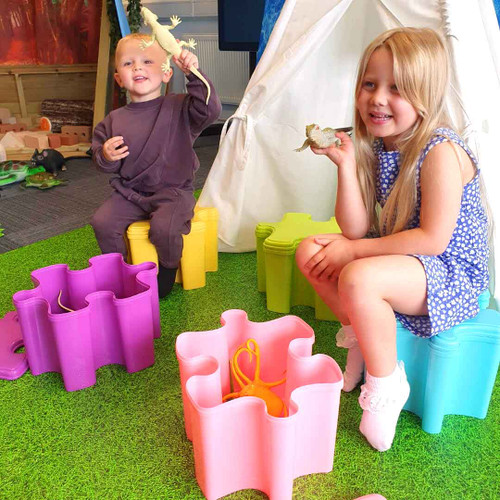 5 colourful Puzzle Shaped Storage Boxes and Stools for children, playrooms and nurseries