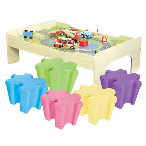 Children's wooden play table with 5 puzzle shaped storage stools & boxes - main view