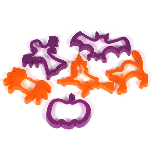 Halloween themed cookie cutting shapes for messy play in early years settings. Includes bat, ghost, spider, cat, witch, and pumpkin cutters. - main view