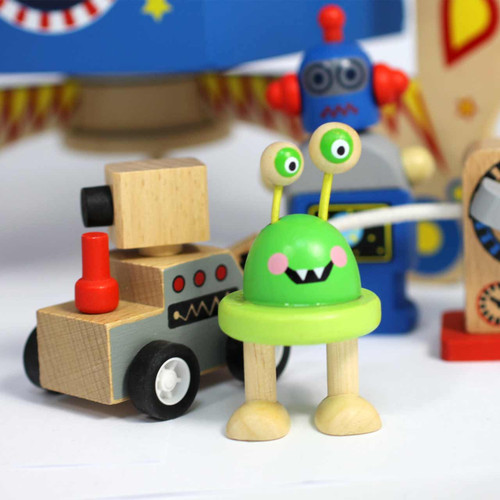 small world wooden space station playset & wooden figures - close up of aline and rover figures