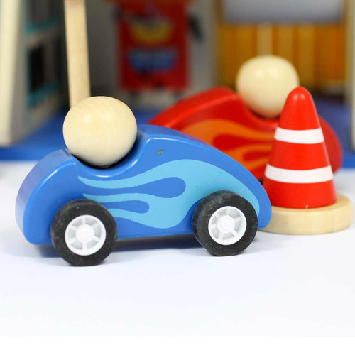 small world wooden garage playset for children - Close up of 2 wooden toy cars