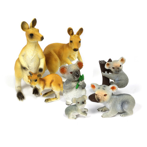 realistic 8pc Kangaroo and Koala Family Animal Toy Set for children - main view