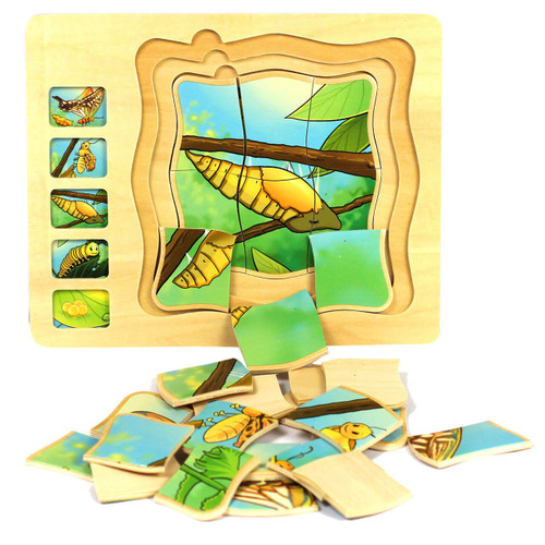 Butterfly Life Cycle Wooden Jigsaw Puzzle with 5 Layers & Easy-to-Grasp Pieces