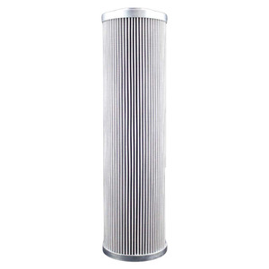 Pleated hydraulic filter element with metal end caps.