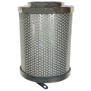 Quincy 2013401997 air oil separator equivalent. White filter media, outer perforated mesh, top inlet, and metal tab on bottom. 
