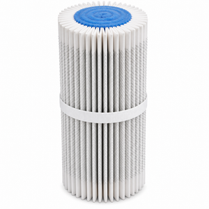 Atlas Copco 2507-4000-00 air intake filter. Pleated radial fin style air filter with blue filter media in the center core.