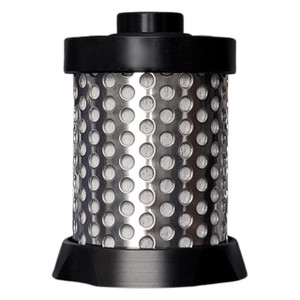 Wilkerson MXP-95-987 coalescing filter replacement. Metal perforated exterior with black end caps and top inlet.