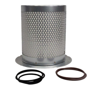 2901-9200-40 air oil separator for Atlas Copco compressor. Metal perforated body, white filter media, metal flange on bottom. Shown with two sets of O-rings.
