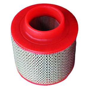 Pleated air filter with metal perforated wrap. Red end caps with top inlet. Replaces 30028013 air filter by Woodward Sales.