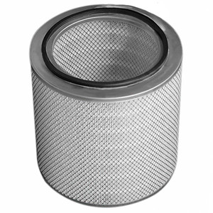 Pleated air filter for blowers and compressors. Double open ends, wire mesh, metal end caps, and gasket on top.