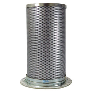 Sullair 02250048-712 air oil separator equivalent with metal perforated body and top flanged with gasket shown on bottom.