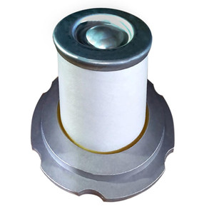 Atlas Copco 2901-0779-01 air oil separator. White filter media with metal endcap and thick top hat flange shown on bottom.