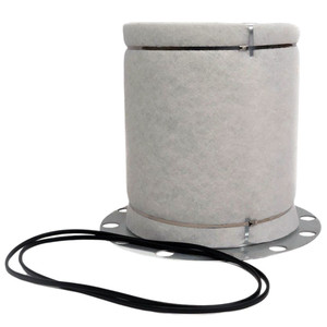 White filter media, two metal bands, top hat flange on bottom, and includes two gaskets and shown.