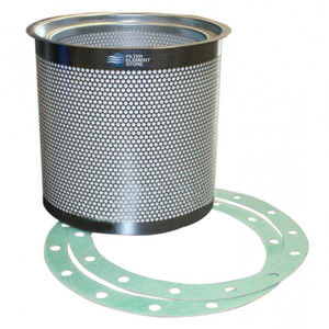 Air oil separator filter for Kaeser air compressors. Equivalent separator has metal perforated body, top flange, and two gaskets.
