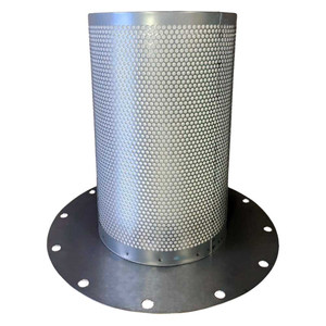 Aftermarket air/oil separator with metal perforated body and top hat flange shown on bottom with holes. Replaces Mann Filter 49 306 52 171 separator.