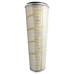 Air Filter with wire mesh, metal end caps, and sewn sections for reinforcement.