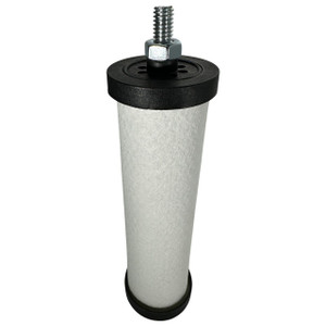 L0713 coalescing filter for Compair. White filter media, black end caps, with threaded rod and bolt on top.