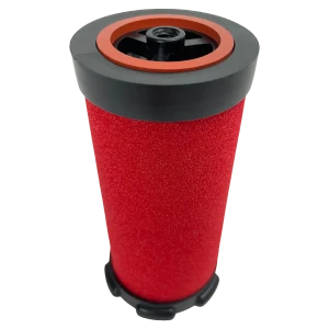 WILKERSON MTP-95-551 coalescing filter replacement. Red filter media with top black inlet, smaller center hole, and top orange gasket. Red filter media with bottom black base.