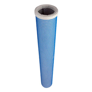 AIR TEK JE-C0200 filter coalescer. White filter media with blue mesh exterior liner. White end caps.