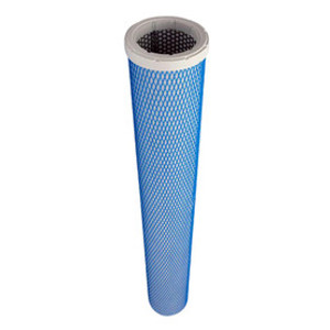 AIR TEK JE-C0200 filter coalescer. White filter media with blue mesh exterior liner. White end caps.