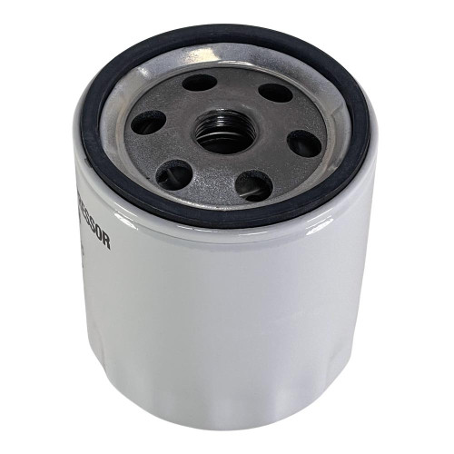 QUINCY 110814 oil filter equivalent. Spin-on oil filter side shown with threads, holes, and gasket.