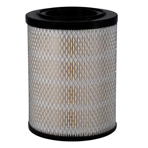 Aftermarket pleated white air filter with black end caps and wire mesh. No pre-wrap.