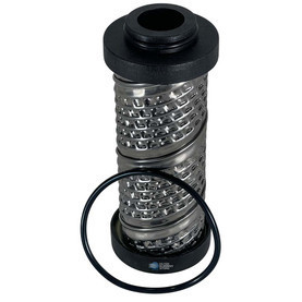 Domnick Hunter K025ACS coalescing filter. Metal body and black endcaps. Shown with included O-Ring.