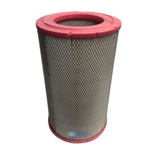 Donaldson P777868  air filter equivalent. White filter media with outer mesh and pink end caps. 