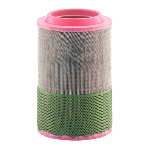 18-7168 air filter element. Pleated air filter with pink endcaps and green perforation section.
