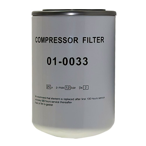 01-0033 compressor oil filter equivalent. White oil filter with print and gasket on top.