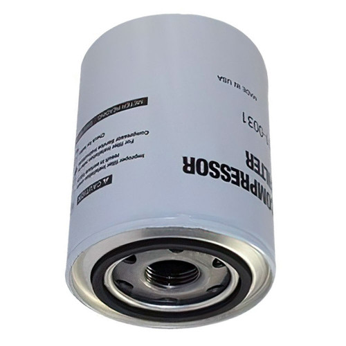 01-0031 compressor oil filter. White oil filter with threads, holes and gasket shown on bottom.